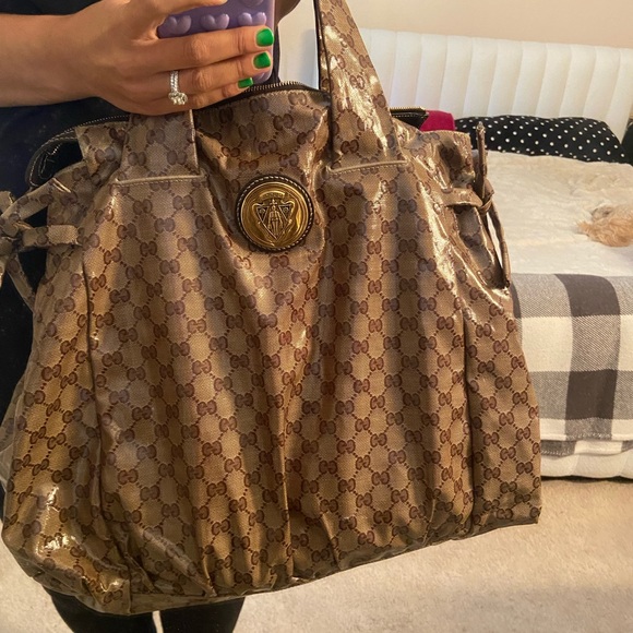 Gucci Top Handle Hysteria Bag Crystal Coated Large Beige Patent Gg Canvas Tote - Picture 6 of 12